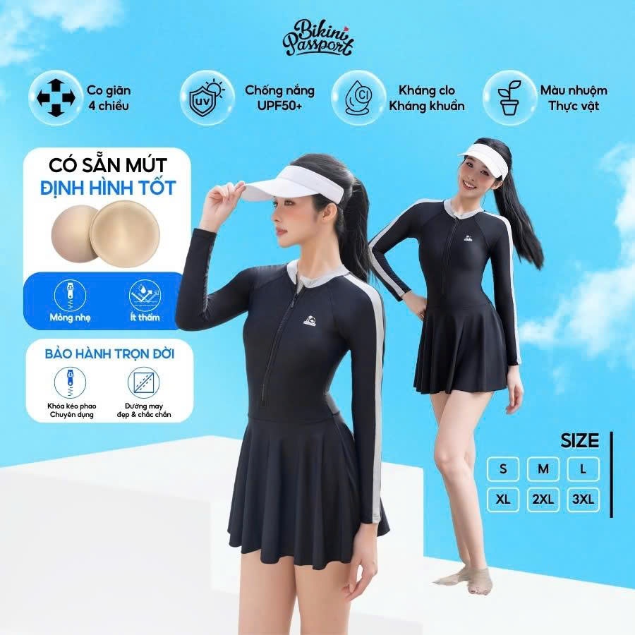 Đồ bơi, bộ bơi, bikini nữ một mảnh tay dài kiểu váy kín đáo, che bụng, chống nắng, có bigsize đến 75kg - Đen - BS1007_BL