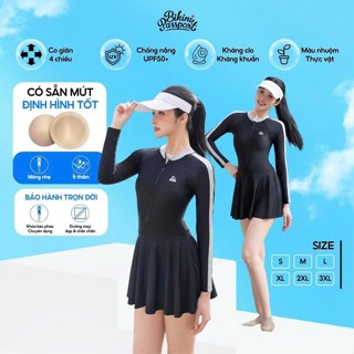 Đồ bơi, bộ bơi, bikini nữ một mảnh tay dài kiểu váy kín đáo, che bụng, chống nắng, có bigsize đến 75kg - Đen - BS1007_BL