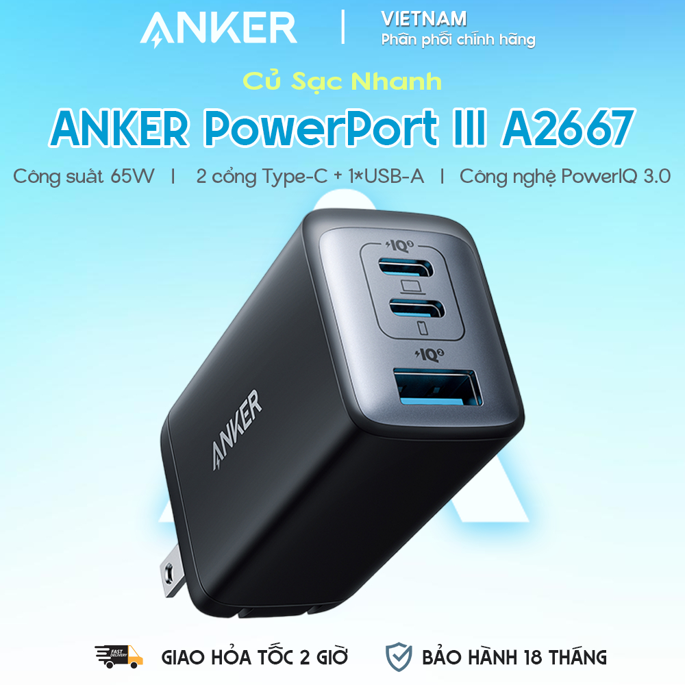 Củ Sạc Nhanh 2C+1A ANKER PowerPort III A2667 65W (GaN II Charger)