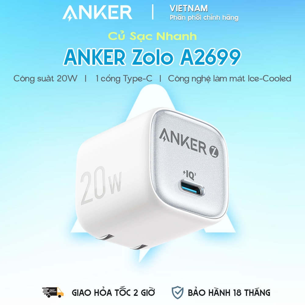 Củ Sạc Nhanh 1C ANKER Zolo A2699 20W (Ice-Cooled Chip, Al Temperature Control, Aerospace Grade GaN)