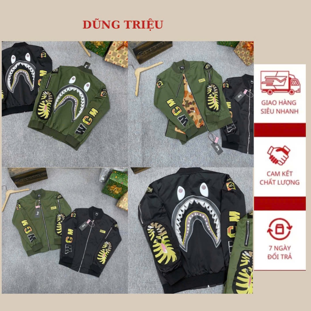 Áo Khoác Gió Nam BAPE Cá Mập Thêu Cực Chất - Áo Khoác Nam Cao Cấp