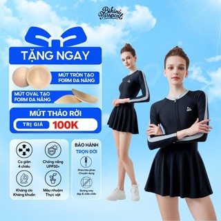 Đồ bơi nữ BIKINI PASSPORT một mảnh tay dài dạng váy kín đáo kèm quần bảo hộ, chống nắng, bigsize - màu Đen - BS1007_BL