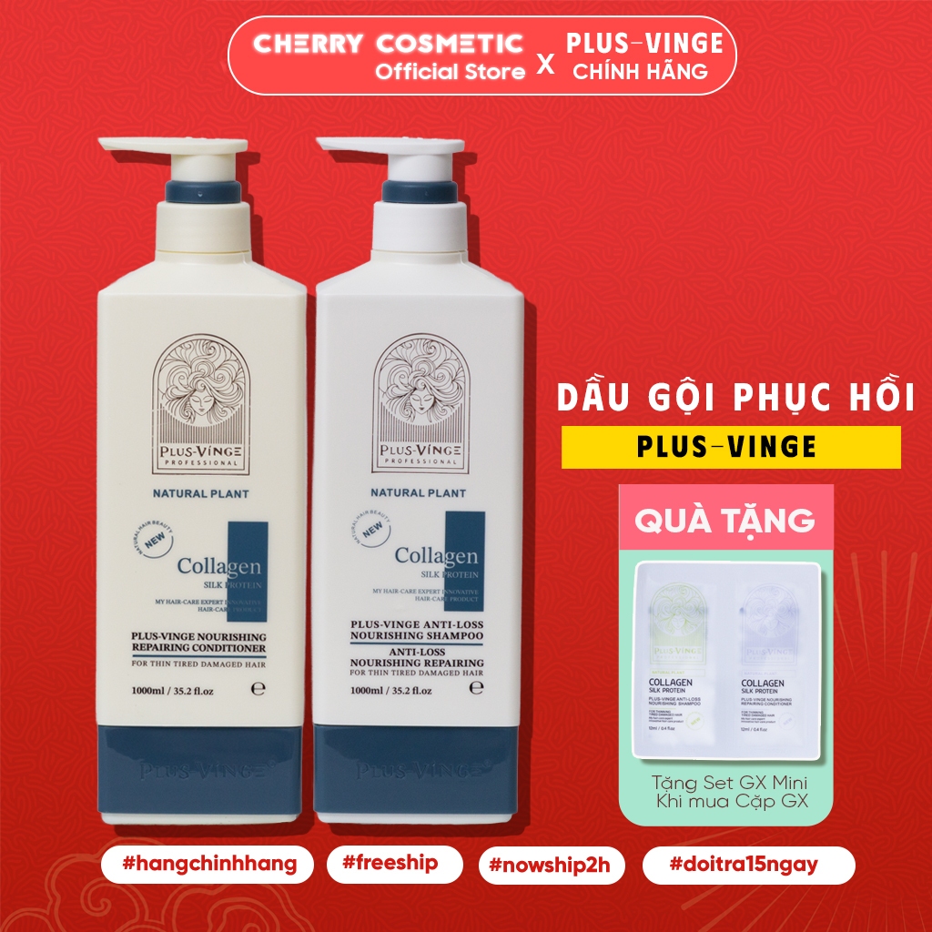  Cặp Dầu Gội Xả Collagen Plus Vinge Giảm Rụng Tóc Ngăn Gàu Kiềm Dầu Phục Hồi Hư Tổn 1000ml Cherry Cosmetics 