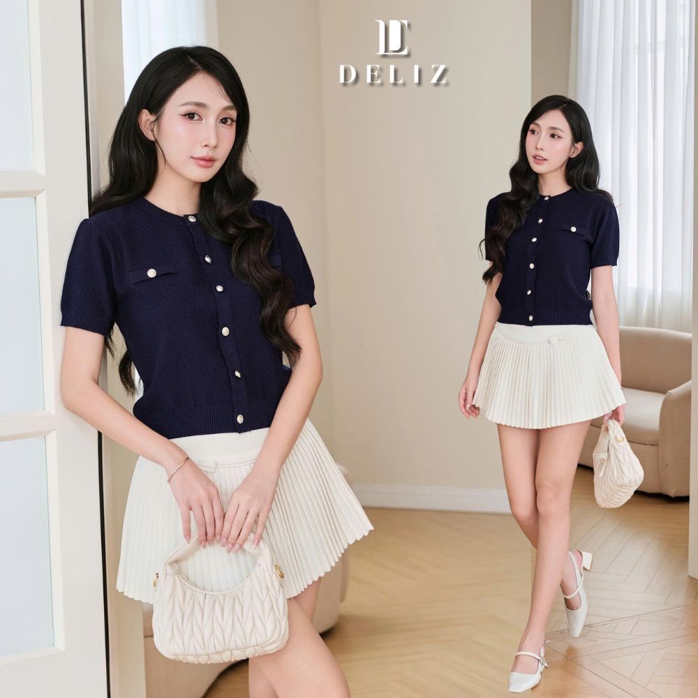 DELIZ -Áo len nữ ngắn tay cổ tròn dệt hạt gạo cao cấp phối cúc đồng sang trọng tiểu thư công sở PL48