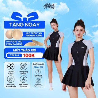 Đồ bơi nữ một mảnh tay ngắn kiểu váy kín đáo, che bụng và có bigsize đến 75kg - BIKINI PASSPORT- màu Đen - BS1008_BL
