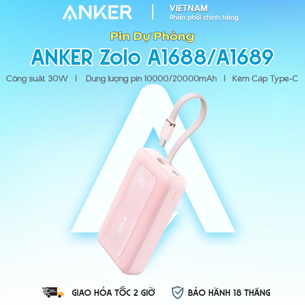 Pin Dự Phòng Kèm Cáp Type-C ANKER Zolo A1688 10000mAh/20000mAh 30W (USB + Type-C Port, Digital Displ