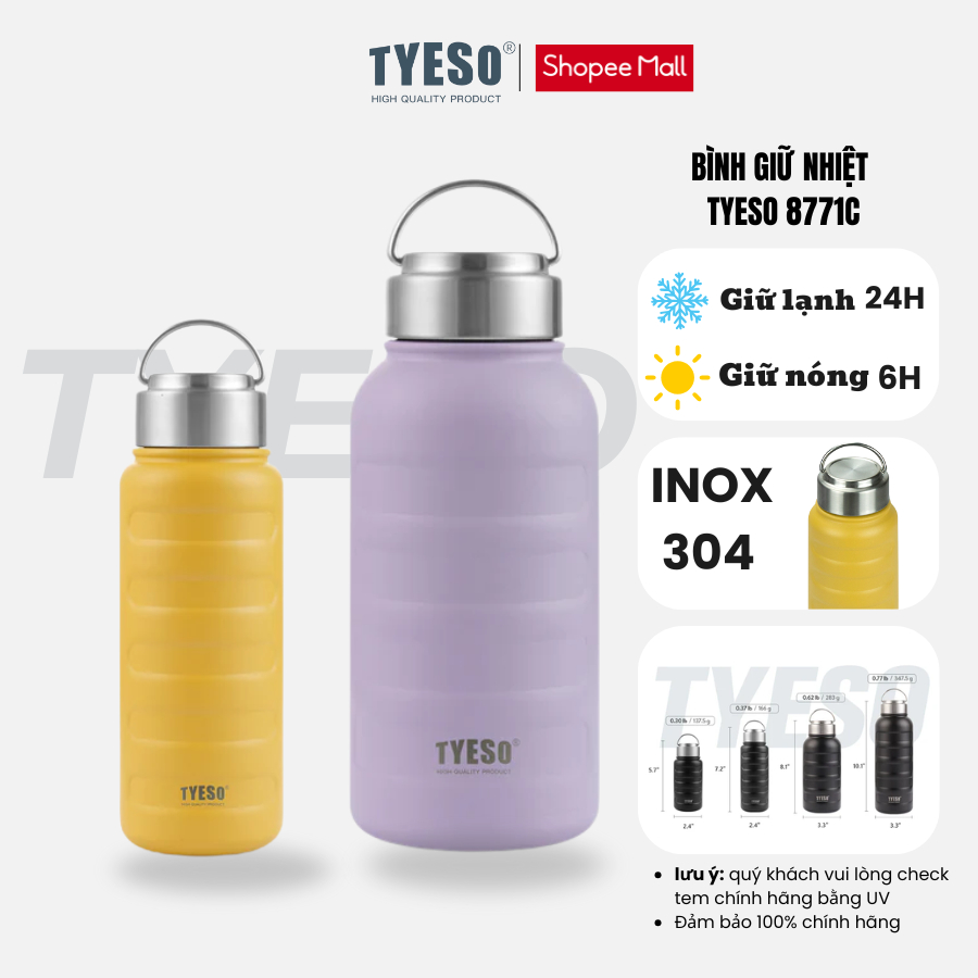 Bình giữ nhiệt 𝐓𝐘𝐄𝐒𝐎 Original bằng inox 304 Giữ lạnh giữ nóng an toàn sức khoẻ tumbler 8815/8816