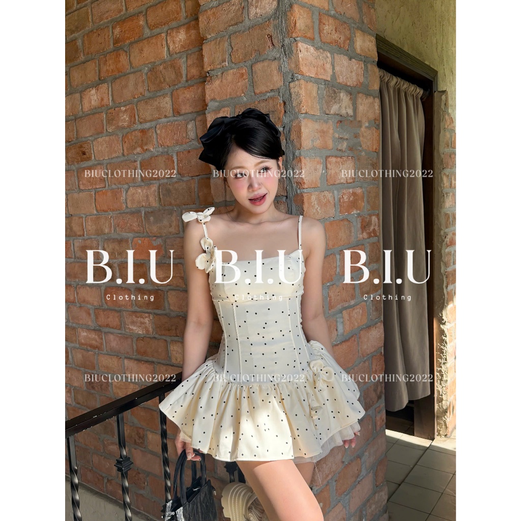 Đầm 2 dây đính hoa hoạ tiết chấm bi phối tà lưới xoè nữ tính sang chảnh Sher Dress Biu Clothing BB0524 | BigBuy360 - bigbuy360.vn