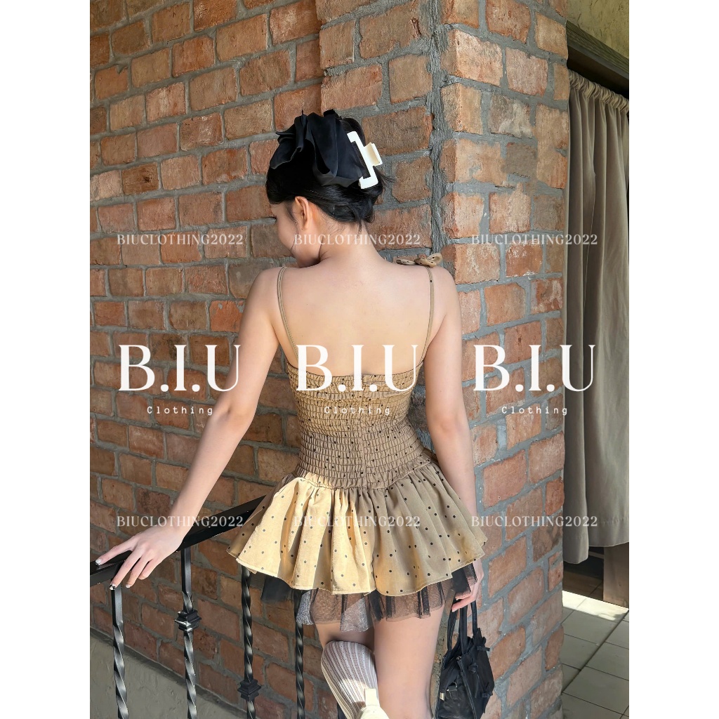 Đầm 2 dây đính hoa hoạ tiết chấm bi phối tà lưới xoè nữ tính sang chảnh Sher Dress Biu Clothing BB0524 | BigBuy360 - bigbuy360.vn