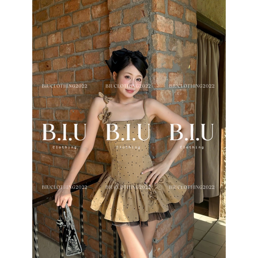 Đầm 2 dây đính hoa hoạ tiết chấm bi phối tà lưới xoè nữ tính sang chảnh Sher Dress Biu Clothing BB0524 | BigBuy360 - bigbuy360.vn