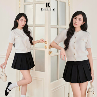  DELIZ- Áo len cho nữ cổ tròn phối cúc đồng dáng ngắn tay cao cấp len lông thỏ dệt gạo PL48 