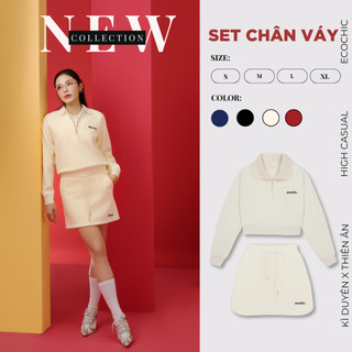  Set Bộ Váy ECOCHIC FROST WHISPER Áo Crop Dài Tay Phối Chân Váy Dây Rút Chất Liệu Vải Rayon Trơn Cao Cấp B 
