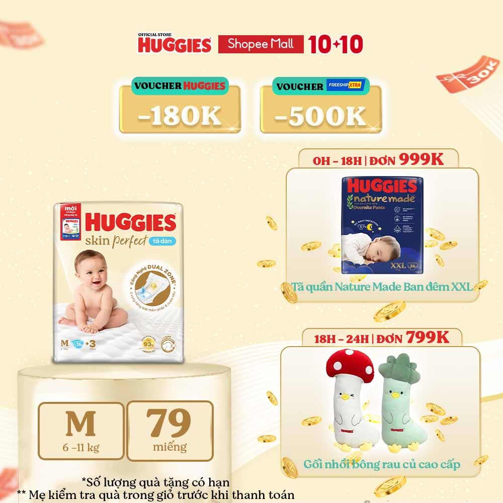 Tã/bỉm dán sơ sinh Huggies Skin Perfect M 76+3 miếng với 2 vùng thấm giảm kích ứng da