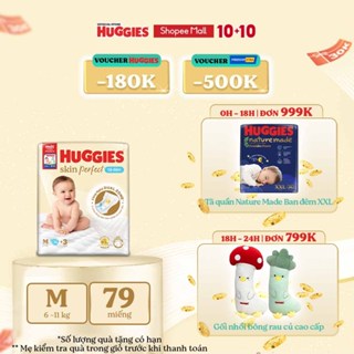 Tã/bỉm dán sơ sinh Huggies Skin Perfect M 76+3 miếng với 2 vùng thấm giảm kích ứng da
