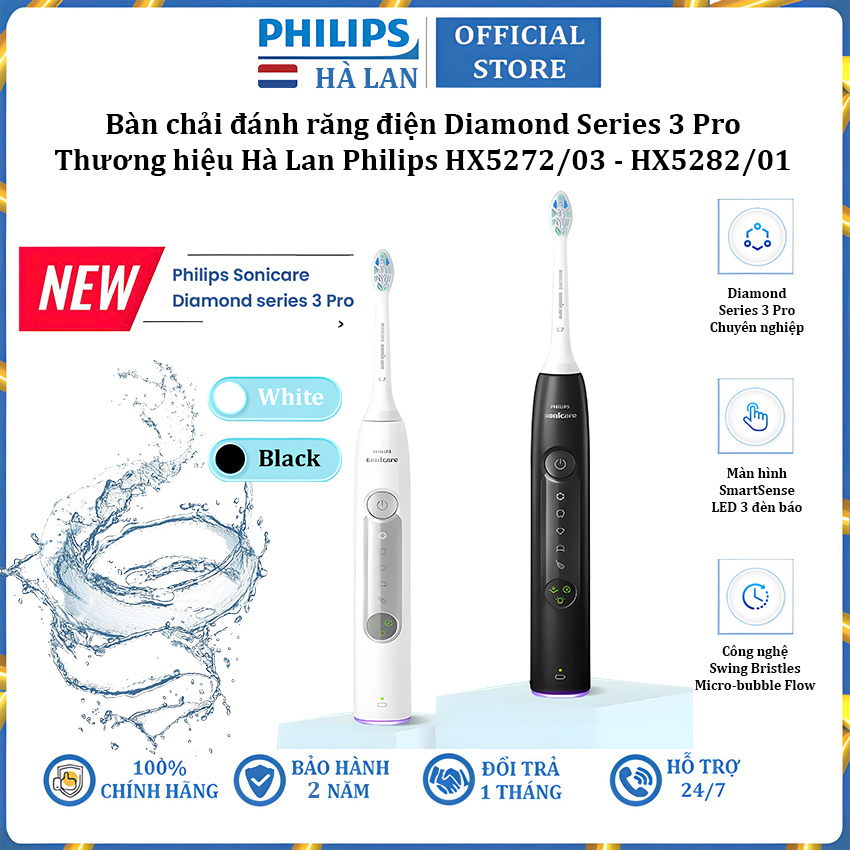 Bàn chải đánh răng điện Diamond Series 3 Pro thương hiệu Philips HX5272/03 và HX5282/01 - Bảo Hành 2