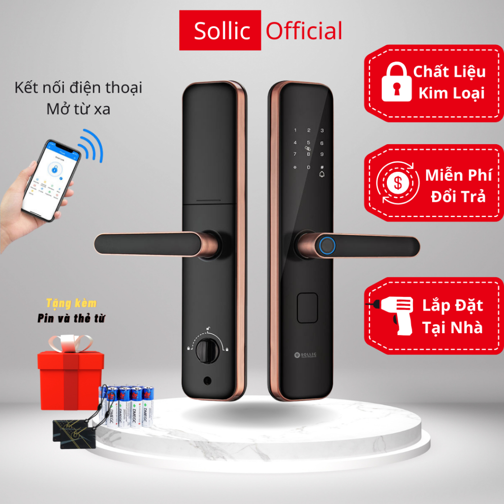 Khóa vân tay cửa gỗ Sollic cho cửa chung cư cửa thép chống cháy không cần chìa 5 trong 1 tích hợp điện thoại - BH 12 th