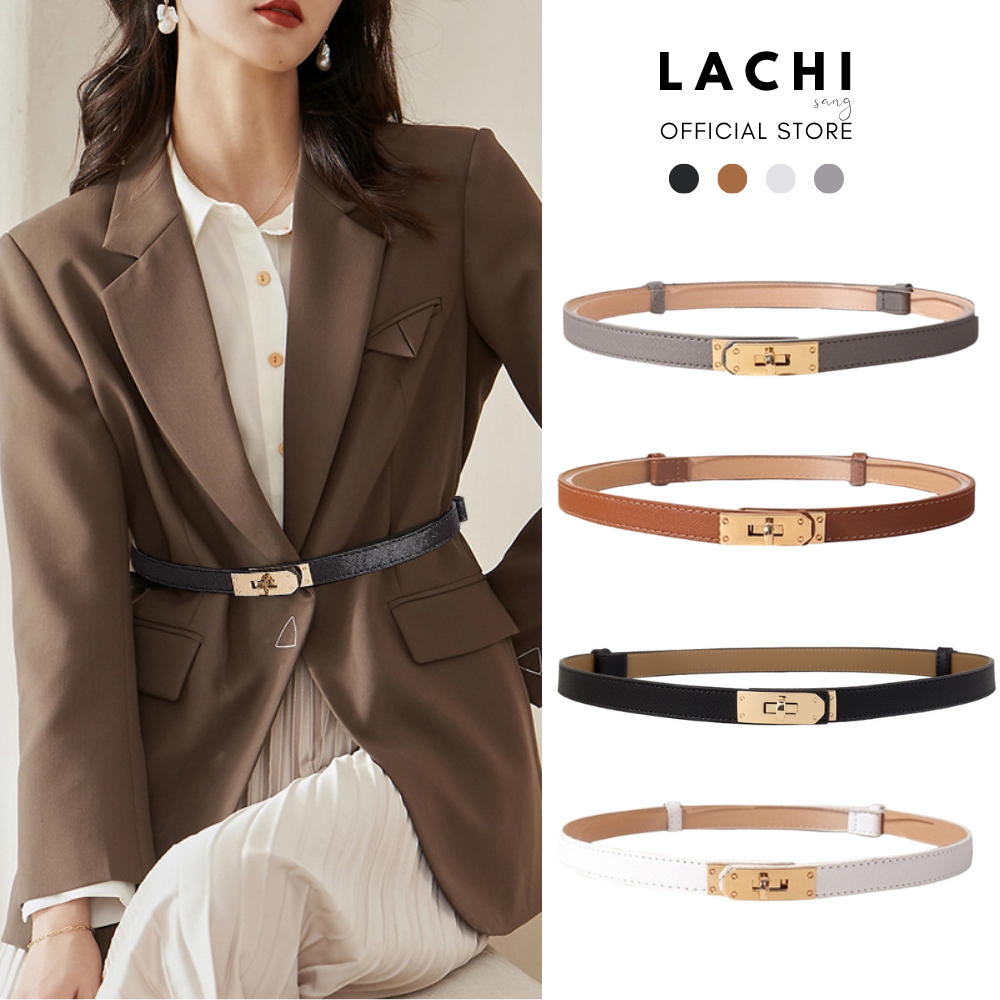 Thắt lưng da nữ bản nhỏ công sở Lachi khóa kim loại sang trọng cao cấp không lỗ tiện lợi LC-TL10