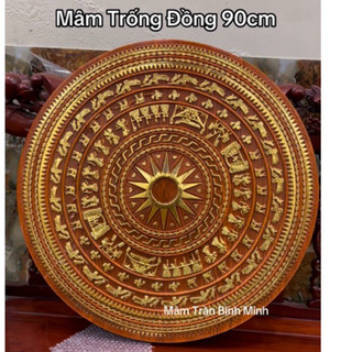 Mâm Trống Đồng đường kính 90cm Vân Gỗ Dát Vàng Cao Cấp , 7139G