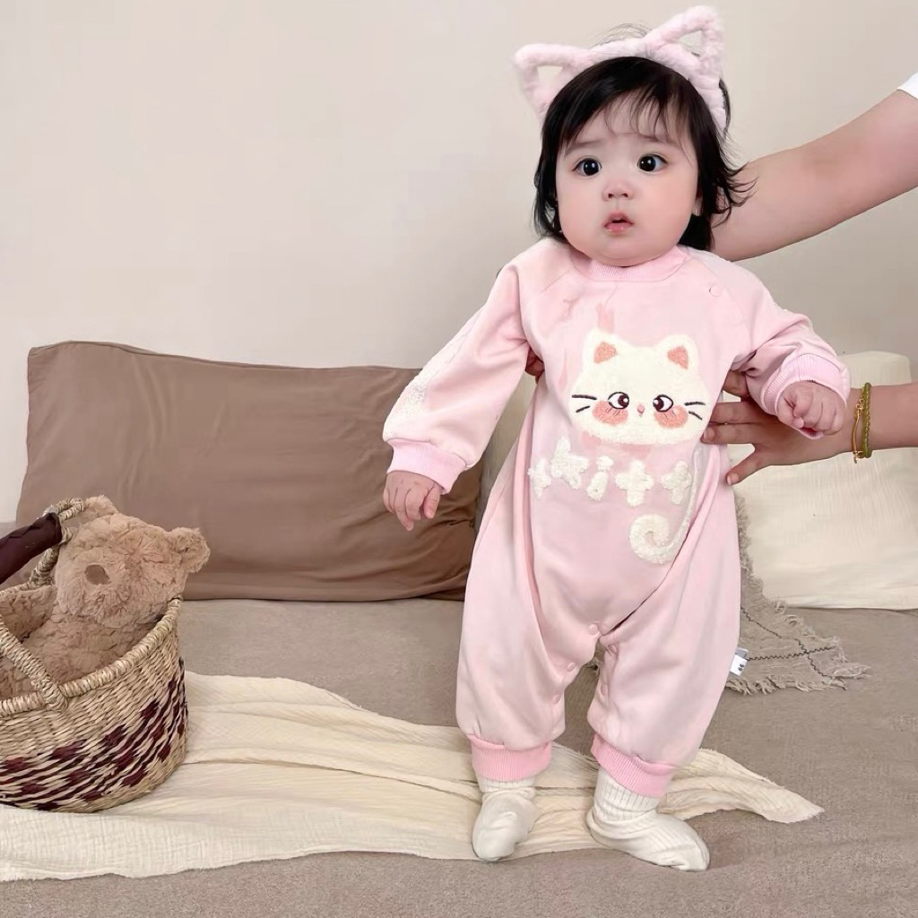 Bodysuit cho bé gái SUSHI BABY SHOP đồ liền thân sơ sinh hồng mặt thỏ dài tay thu đông ấm áp phong c
