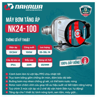 Máy bơm tăng áp cho vòi sen , bình nóng lạnh NAKAWA 100w 220v và 24v
