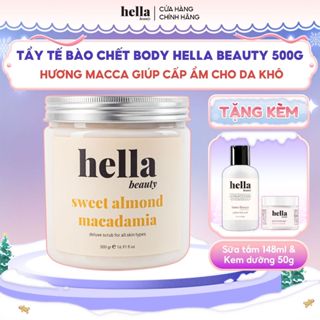 Tẩy tế bào chết body macca hạnh nhân Hella Beauty 500g giúp làm sạch sâu hỗ trợ da ẩm mịn