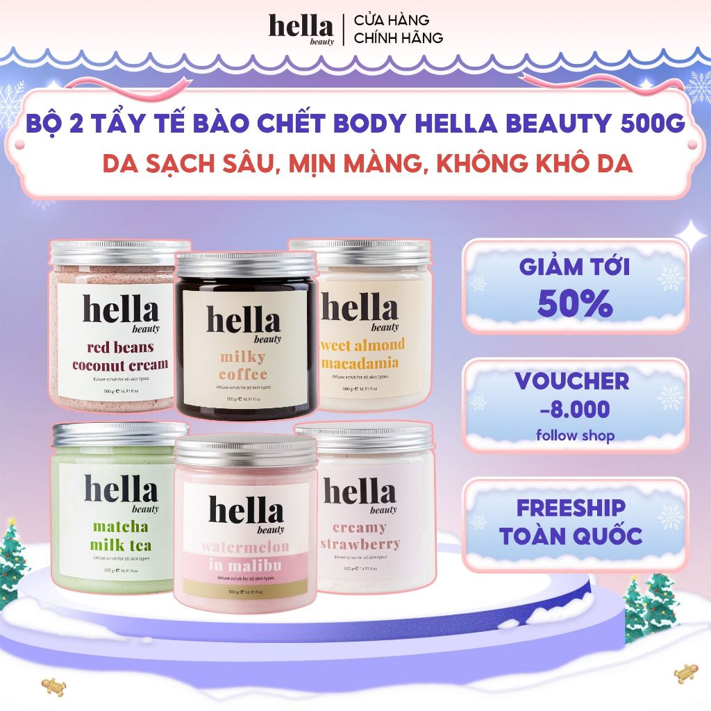 Bộ 2 tẩy tế bào chết body Hella Beauty 500g giúp làm sạch sâu hỗ trợ dưỡng sáng da