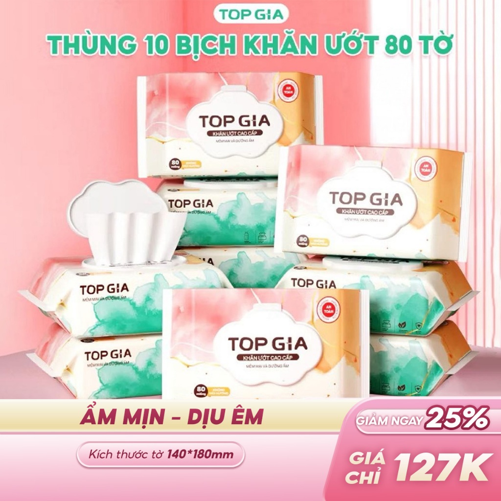 Thùng khăn ướt Topgia 80 tờ không cồn không parabens cao cấp dành cho mẹ và bé | BigBuy360 - bigbuy360.vn