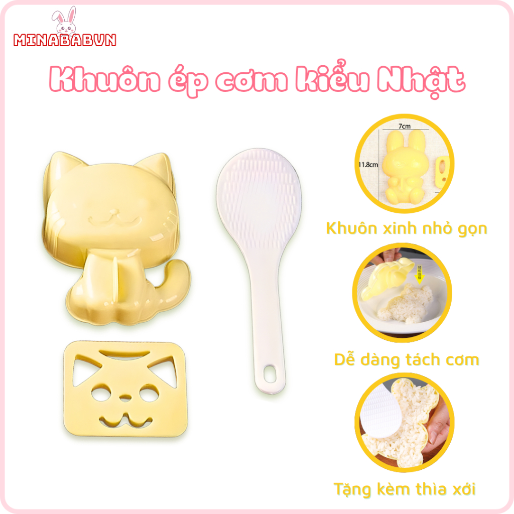 Khuôn Ép Cơm Kiểu Nhật Hình Gấu Thỏ Đáng Yêu Kèm Thìa Xới, Khuôn Tạo Hình Cơm Đáng Yêu Cho Bé Ăn Dặm
