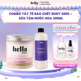 Combo tẩy tế bào chết cho body Hella Beauty 500g + Sữa tắm dưỡng ẩm mịn sạch sâu cho da Hella Beauty