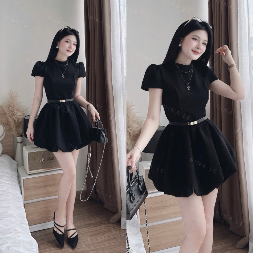 [ V1.1077] Váy Nhung Dáng Bí Cổ Tàu Kèm Đai + Quần Đùi Rời