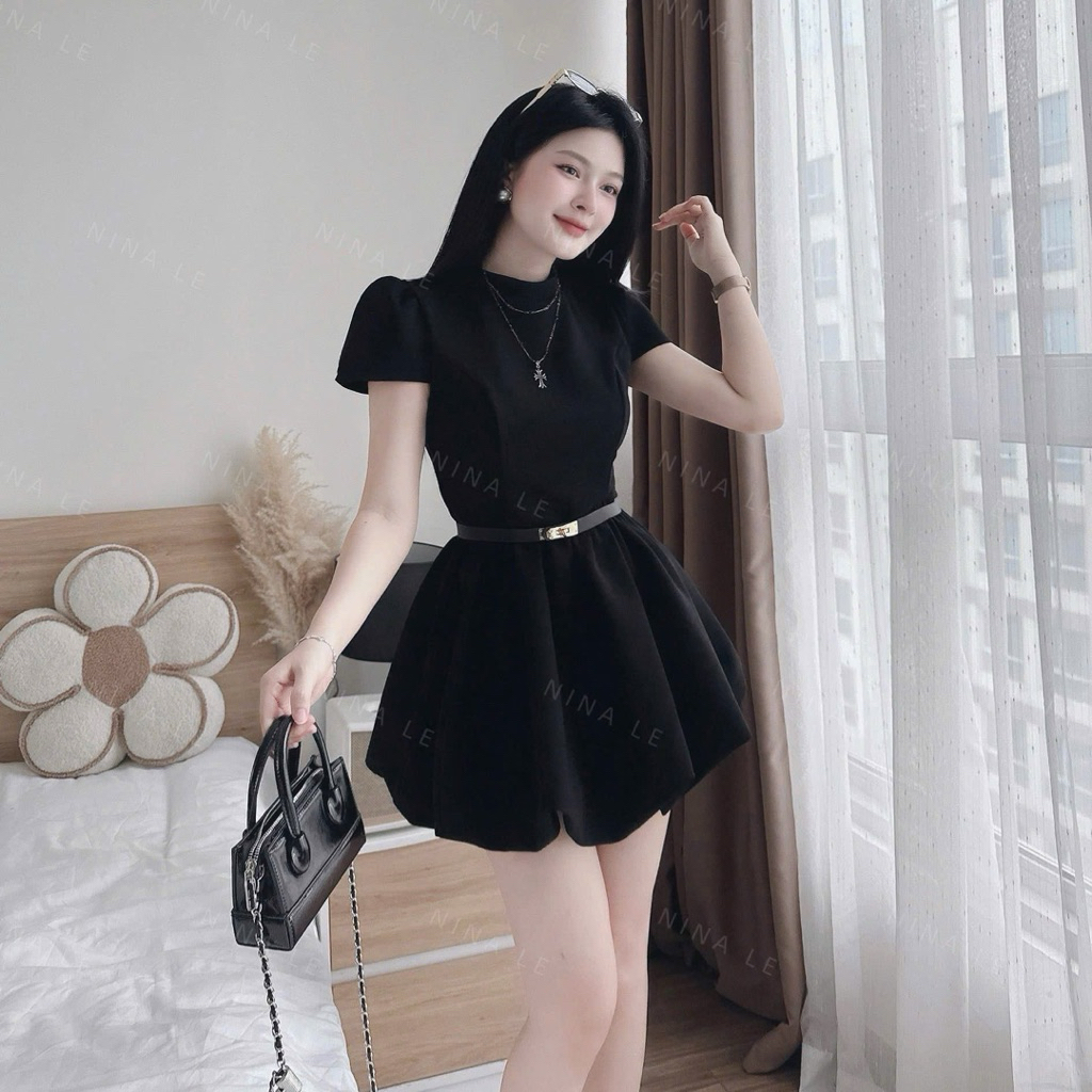 [ V1.1077] Váy Nhung Dáng Bí Cổ Tàu Kèm Đai + Quần Đùi Rời | BigBuy360 - bigbuy360.vn