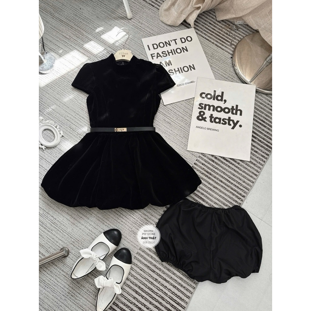 [ V1.1077] Váy Nhung Dáng Bí Cổ Tàu Kèm Đai + Quần Đùi Rời | BigBuy360 - bigbuy360.vn