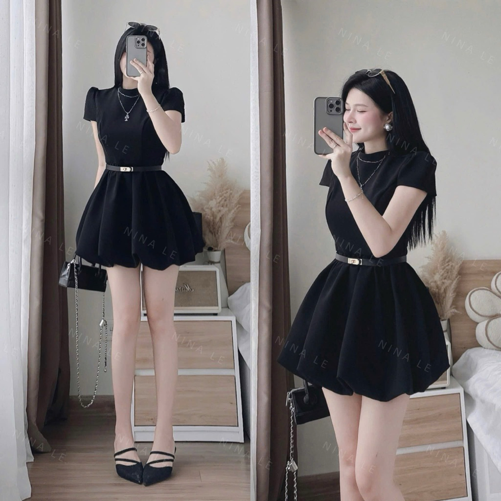 [ V1.1077] Váy Nhung Dáng Bí Cổ Tàu Kèm Đai + Quần Đùi Rời | BigBuy360 - bigbuy360.vn