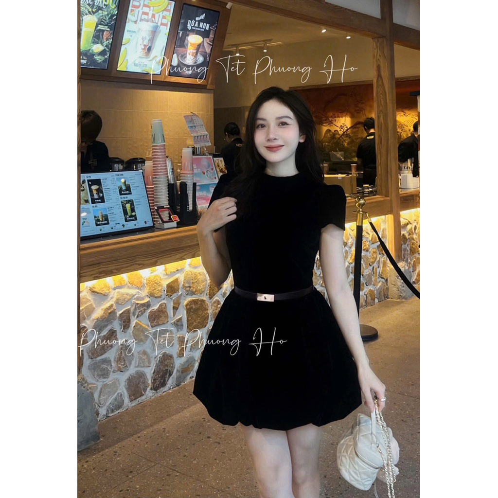 [ V1.1077] Váy Nhung Dáng Bí Cổ Tàu Kèm Đai + Quần Đùi Rời | BigBuy360 - bigbuy360.vn