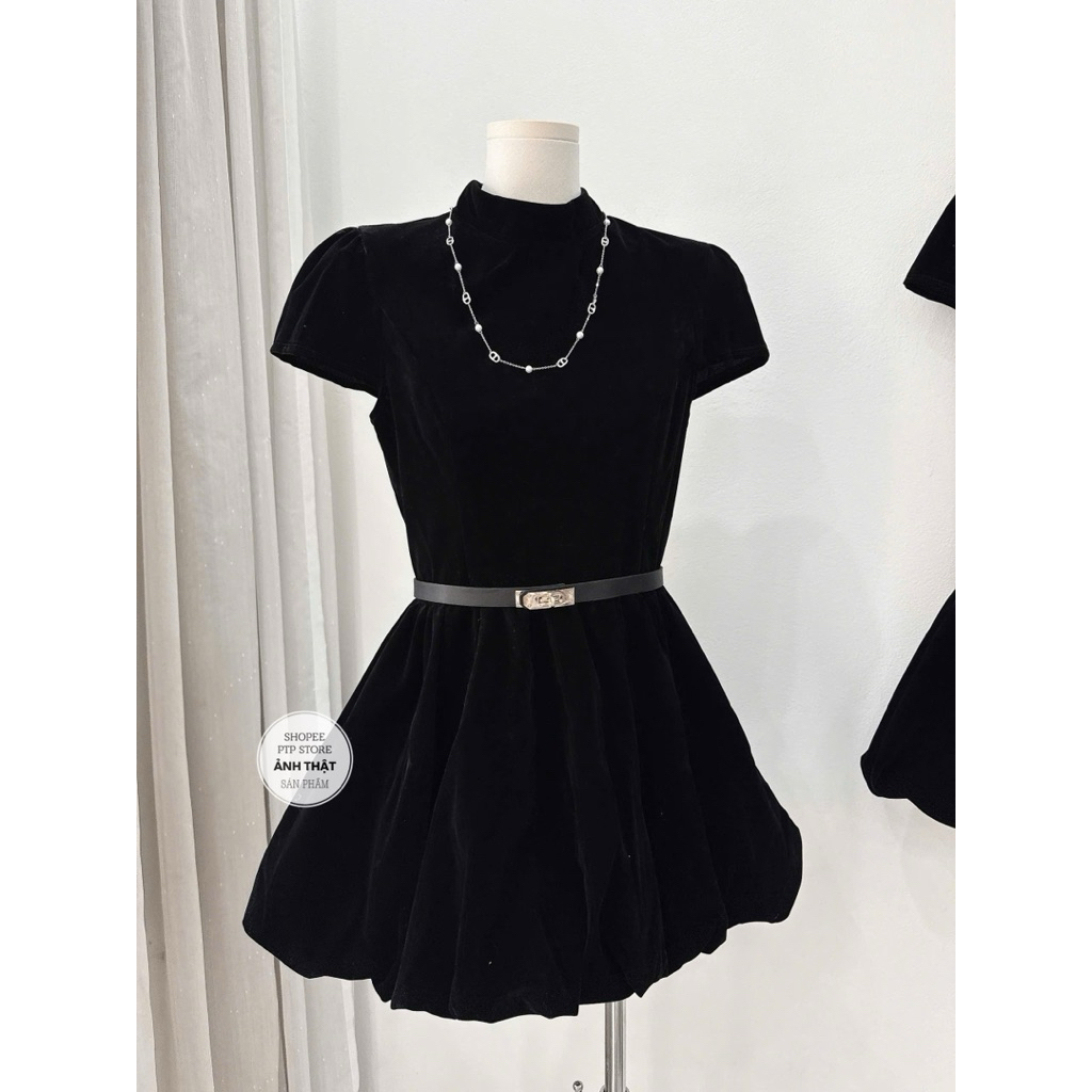 [ V1.1077] Váy Nhung Dáng Bí Cổ Tàu Kèm Đai + Quần Đùi Rời | BigBuy360 - bigbuy360.vn