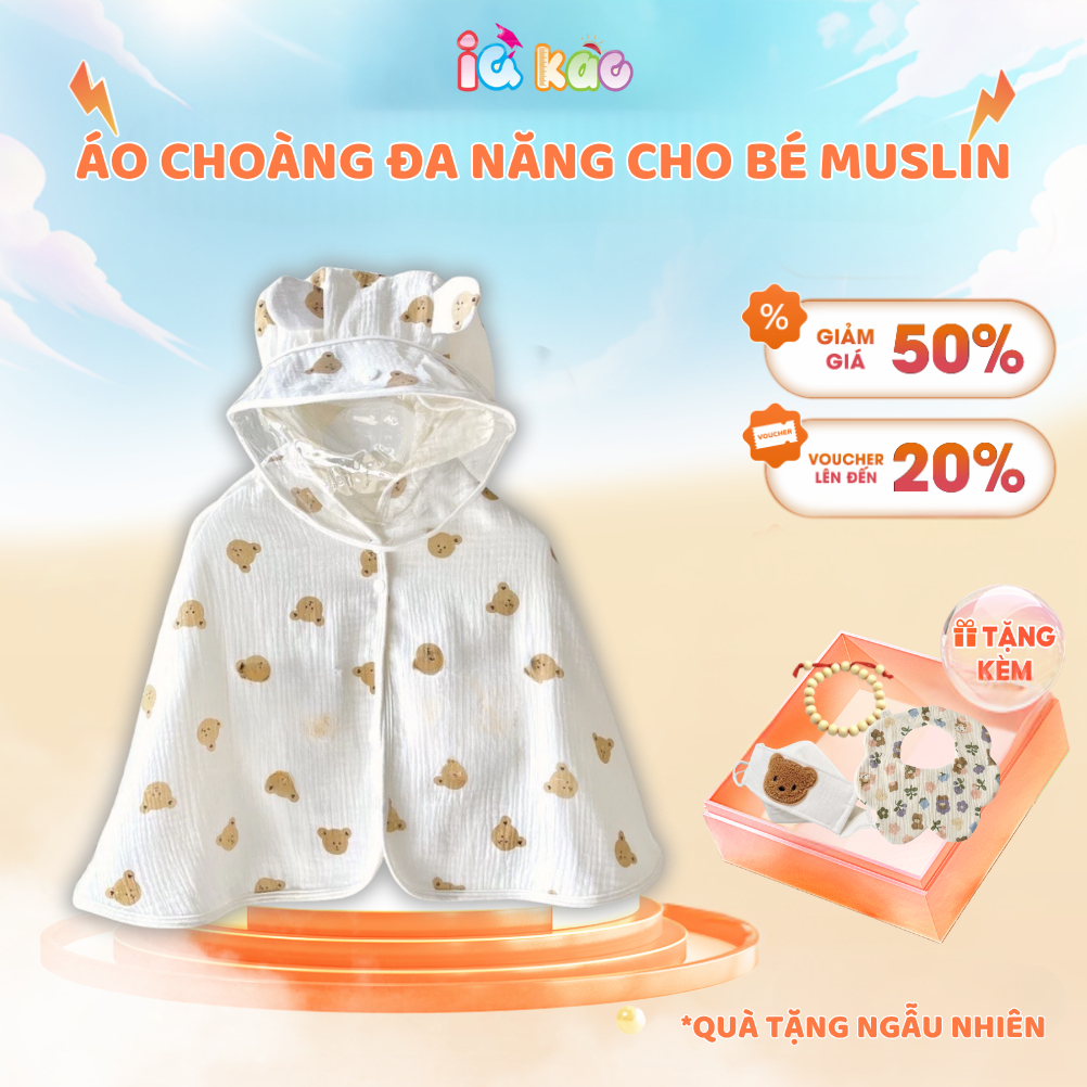 Áo Choàng Chống Nắng Xô Muslin IQKAO Cho Bé 0-3 Tuổi Kèm Kính Chống Bụi, Thoáng Mát, Đa Năng 4 Mùa (3-14kg)