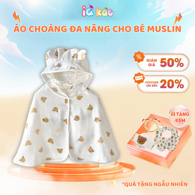 Áo Choàng Chống Nắng Xô Muslin IQKAO Cho Bé 0-3 Tuổi Kèm Kính Chống Bụi, Thoáng Mát, Đa Năng 4 Mùa (3-14kg)