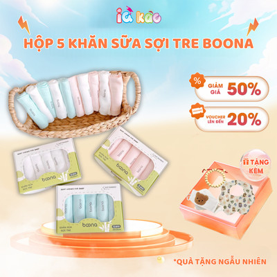 Hộp 5 Khăn Sữa Cao Cấp BOONA S5B1  – Vải Sợi Tre Mềm Mịn, Không Xù Lông, Kháng Khuẩn, Thấm Hút Tốt, Size 30x30cm IQKAO