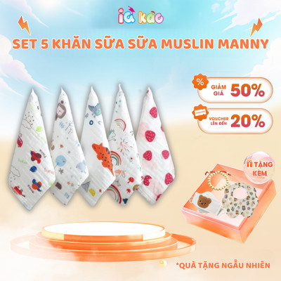 Set 5 Khăn Sữa Khăn Mặt IQKAO Muslin 6 Lớp, Vải Xô Mềm Mại, Thấm Hút Tốt - An Toàn Cho Bé - Đa Năng Sử Dụng S5M2