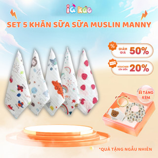  Set 5 Khăn Sữa Khăn Mặt IQKAO Manny Muslin 6 Lớp Vải Xô Mềm Mại Thấm Hút Tốt - An Toàn Cho Bé - Đa Năng Sử Dụng S5M2 