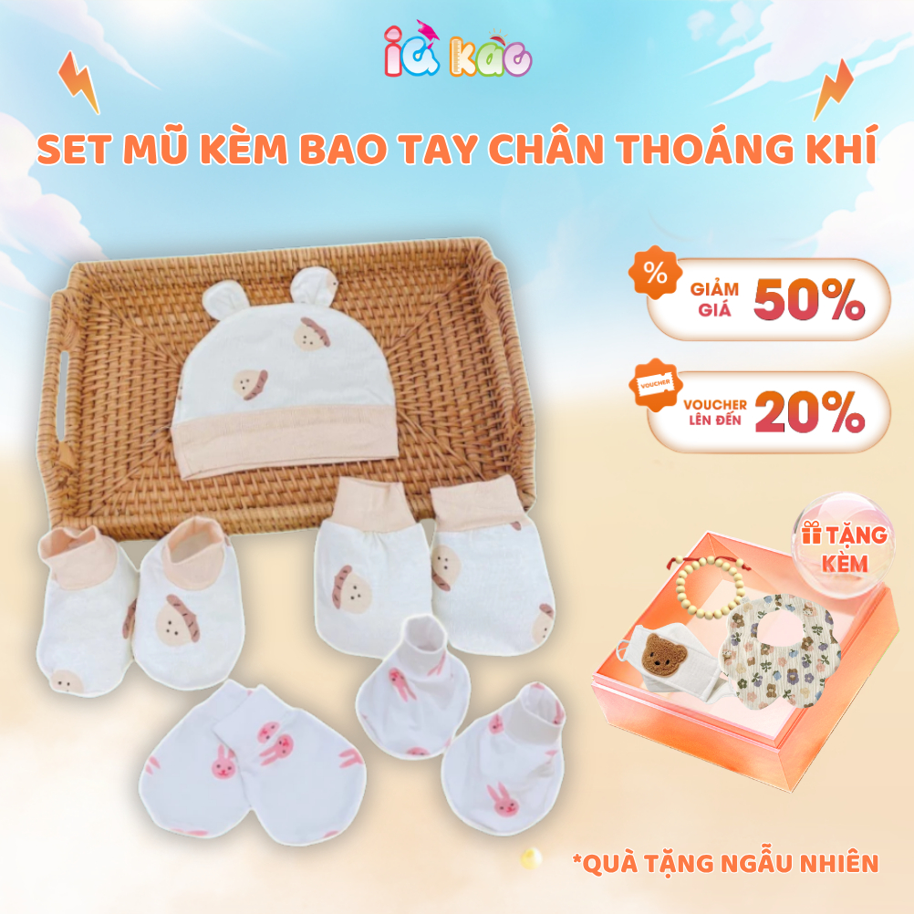 Combo 2 Set Mũ Kèm Bao Tay Chân Cho Bé Sơ Sinh Vải PETTI Mềm Mịn, Thoáng Mát Họa Tiết Dễ Thương Nền Trắng IQKAO