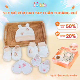 Combo 2 Set Mũ Kèm Bao Tay Chân Cho Bé Sơ Sinh Vải PETTI Mềm Mịn, Thoáng Mát Họa Tiết Dễ Thương Nền Trắng IQKAO