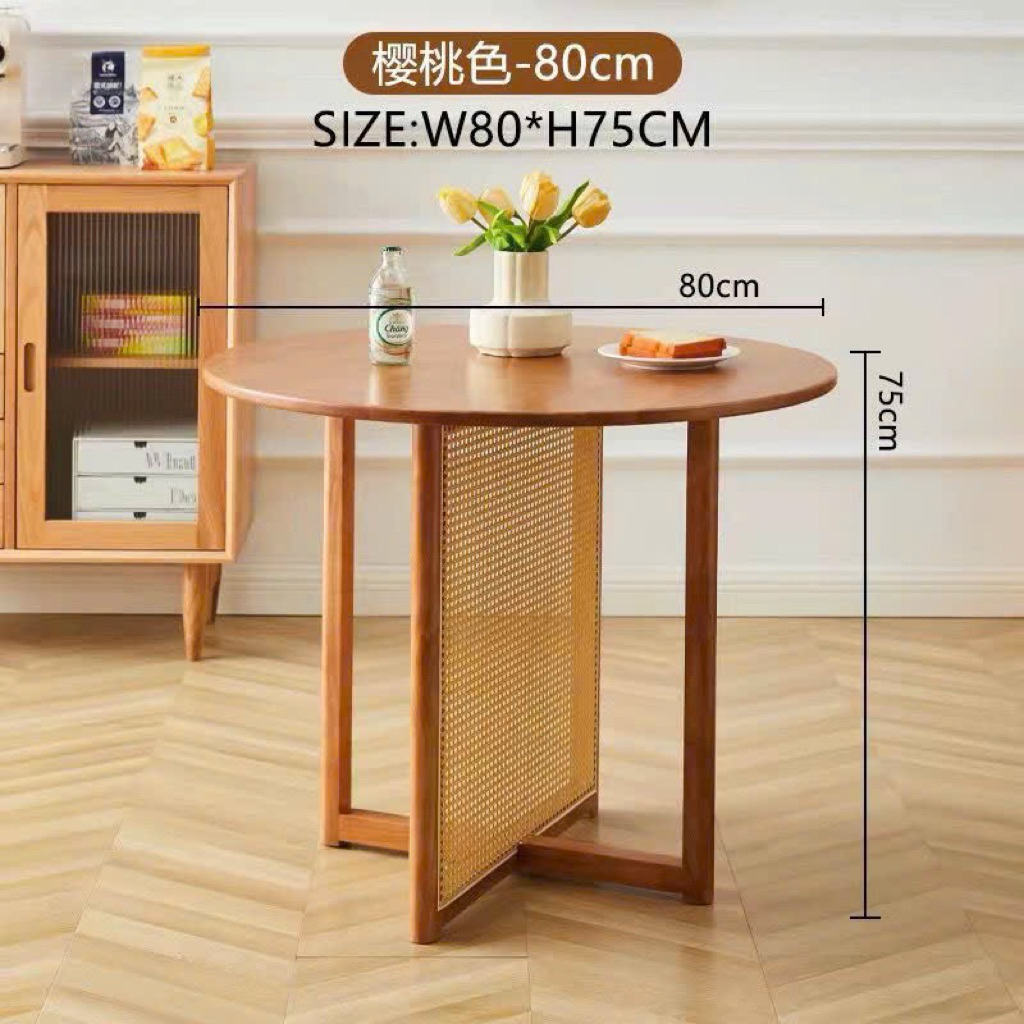 Bàn ăn tròn 80cm bằng gỗ tự nhiên và mây đan kiểu Bắc Âu cao 75cm minmin-shop