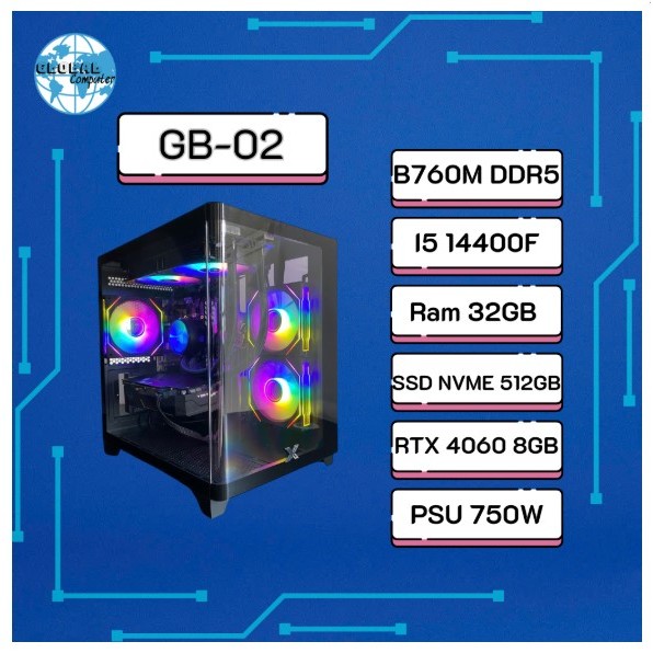 Thùng Máy GB-02: B760M + i5 14400F + ram 32Gb + Ssd nvme 512gb + 4060 8GB + 750W