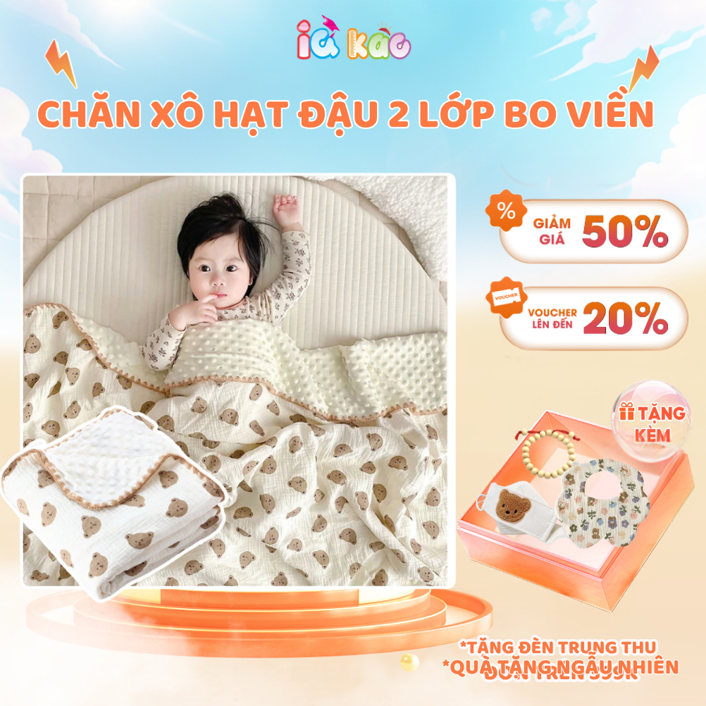 Chăn xô hạt đậu 2 lớp bo viền cao cấp, chăn quấn đắp chất liệu xô muslin kết hợp vải nhung bi siêu mềm mại IQ Kao CC02