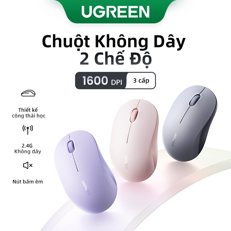 Chuột không dây UGREEN 4000DPI 3 nút im lặng 2.4G với đầu thu Mini USB Cài đặt DPI 4 cấp độ Bluetooth Chế độ kép