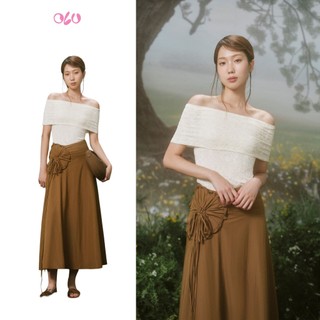  Áo trễ vai dáng ôm thanh lịch Ivory Ribbed Off Shoulder Fleur Top phù hợp đi chơi đi tiệc OLV 