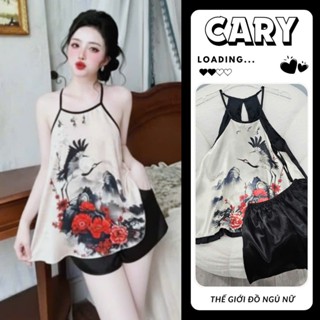  Đồ ngủ sexy 2 dây bộ ngủ lụa phi set đồ mặc nhà yếm in họa tiết 3D gợi cảm CARY 