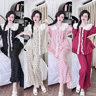  Đồ Bộ - Đồ Ngủ Quần Áo Vải Vân Mây Phối Ren Tiểu Thư Tay Ngắn Quần Dài Pijama Bigsize 50-100kg - A.5445 