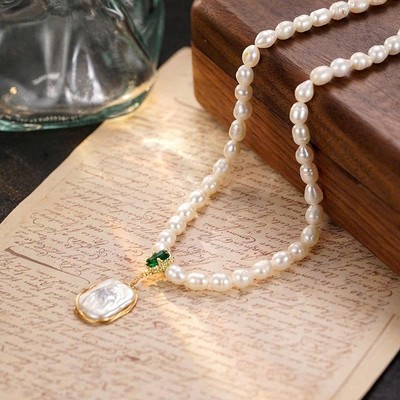 Vòng Cổ Ngọc Trai Mix Đá Xanh Mặt Hạt Dị Thanh Lịch Thời Trang - Ngọc Trai Trường Thịnh